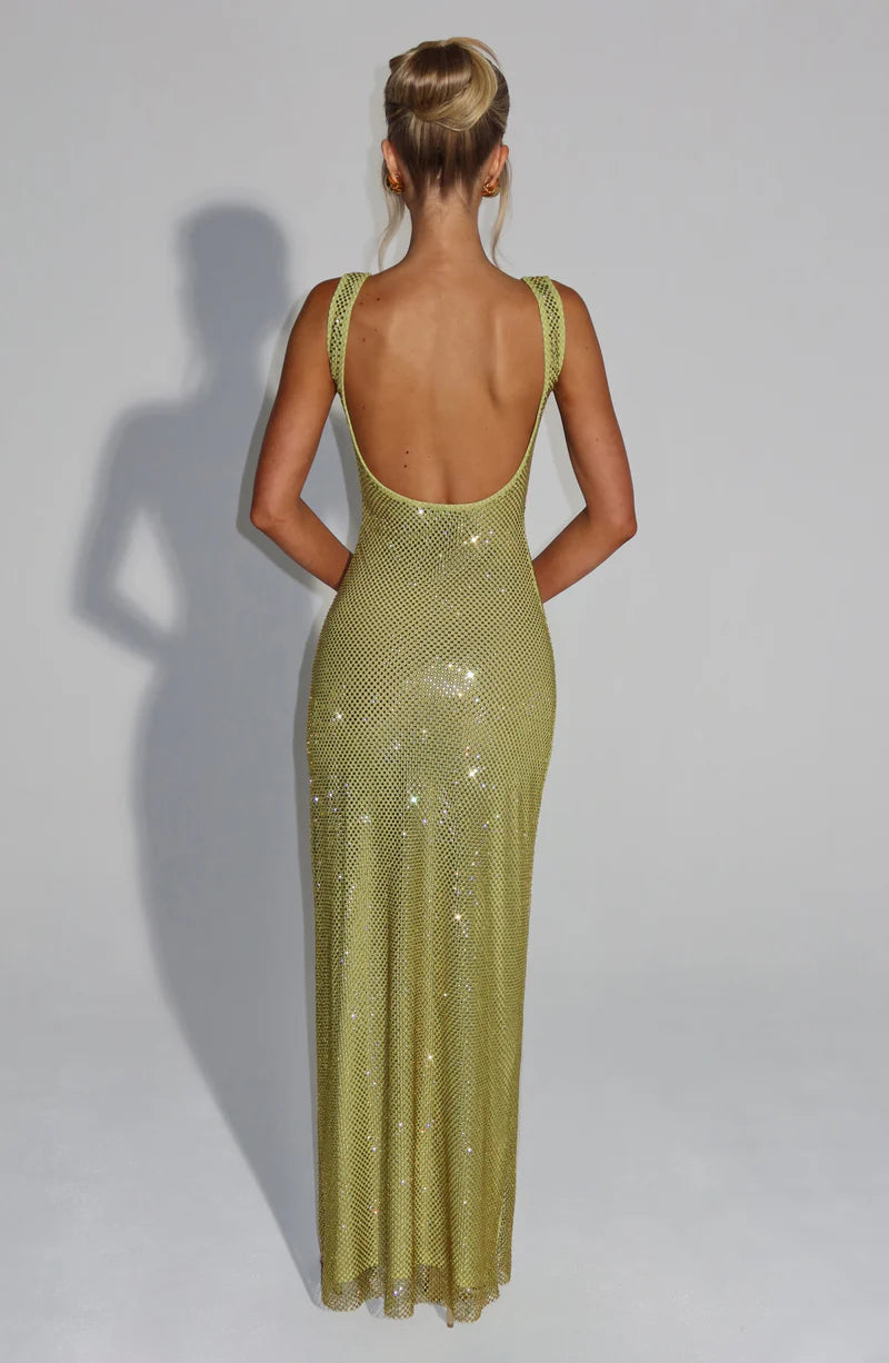 Glamorous Bodycon Square Neck Maxi Dress with Shiny Mesh Detailing Evening Dress