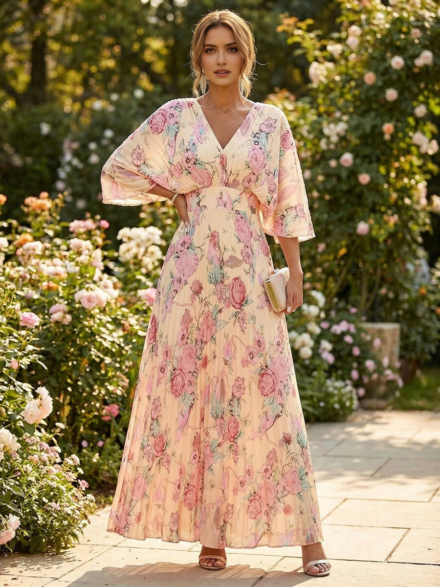 Vedress boho pink floral print v‑neck batwing sleeve a‑line maxi wedding guest dress front back view