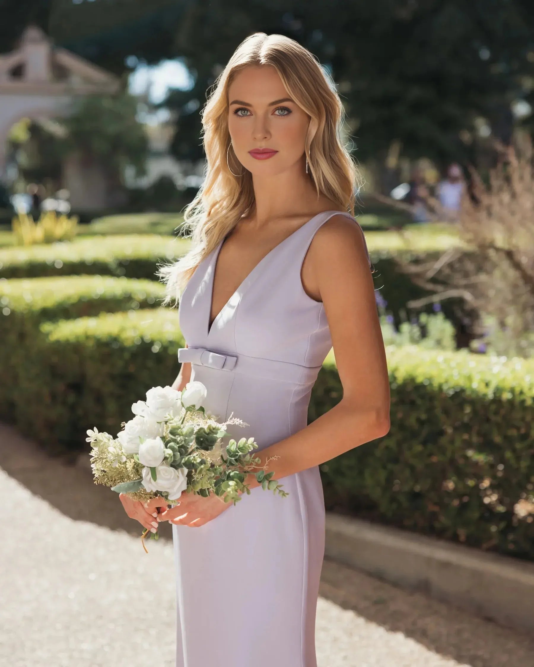 Bow Front V-Neck Sleeveless Crepe Mermaid Gown Wedding Guest Dress