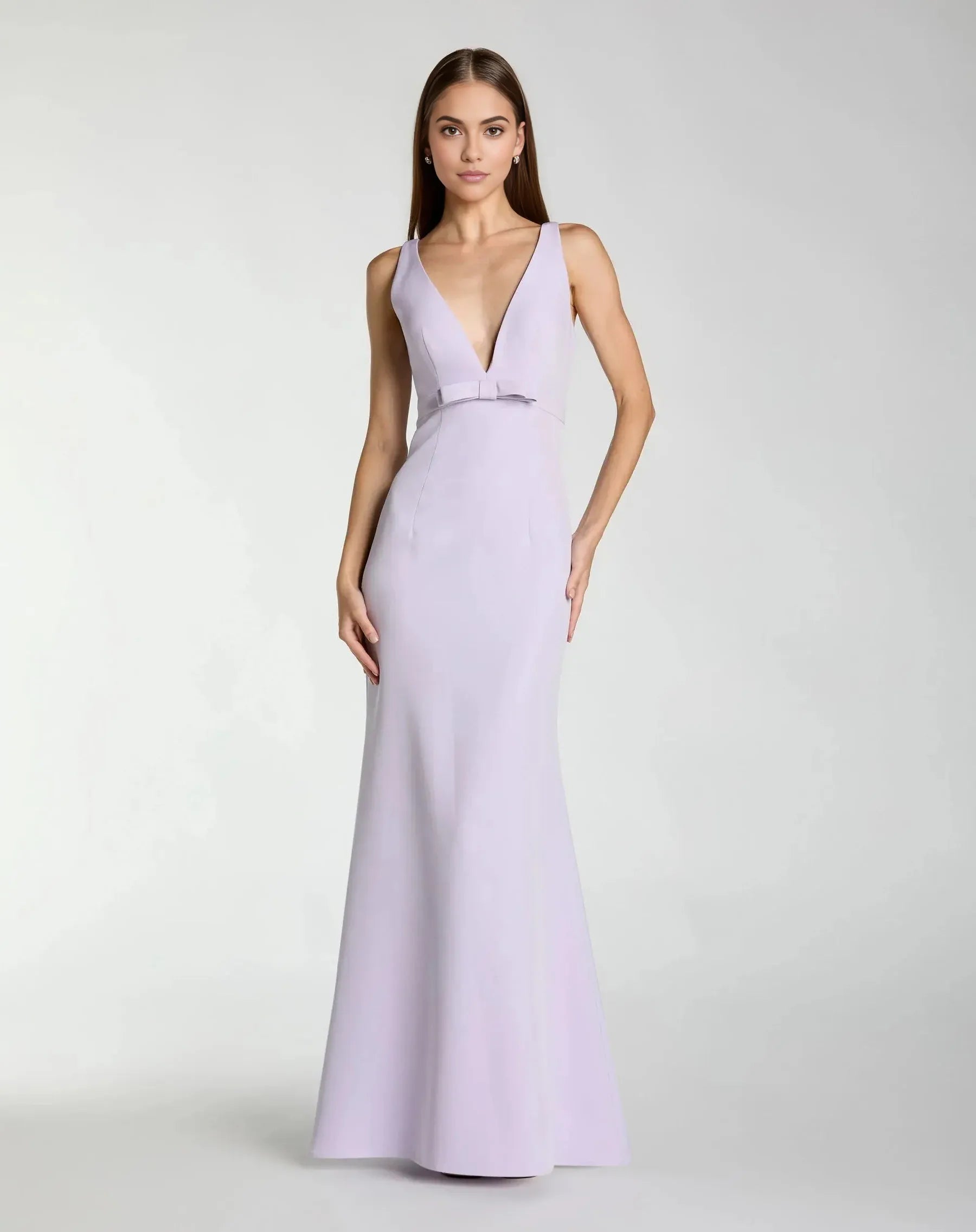 Bow Front V-Neck Sleeveless Crepe Mermaid Gown Wedding Guest Dress