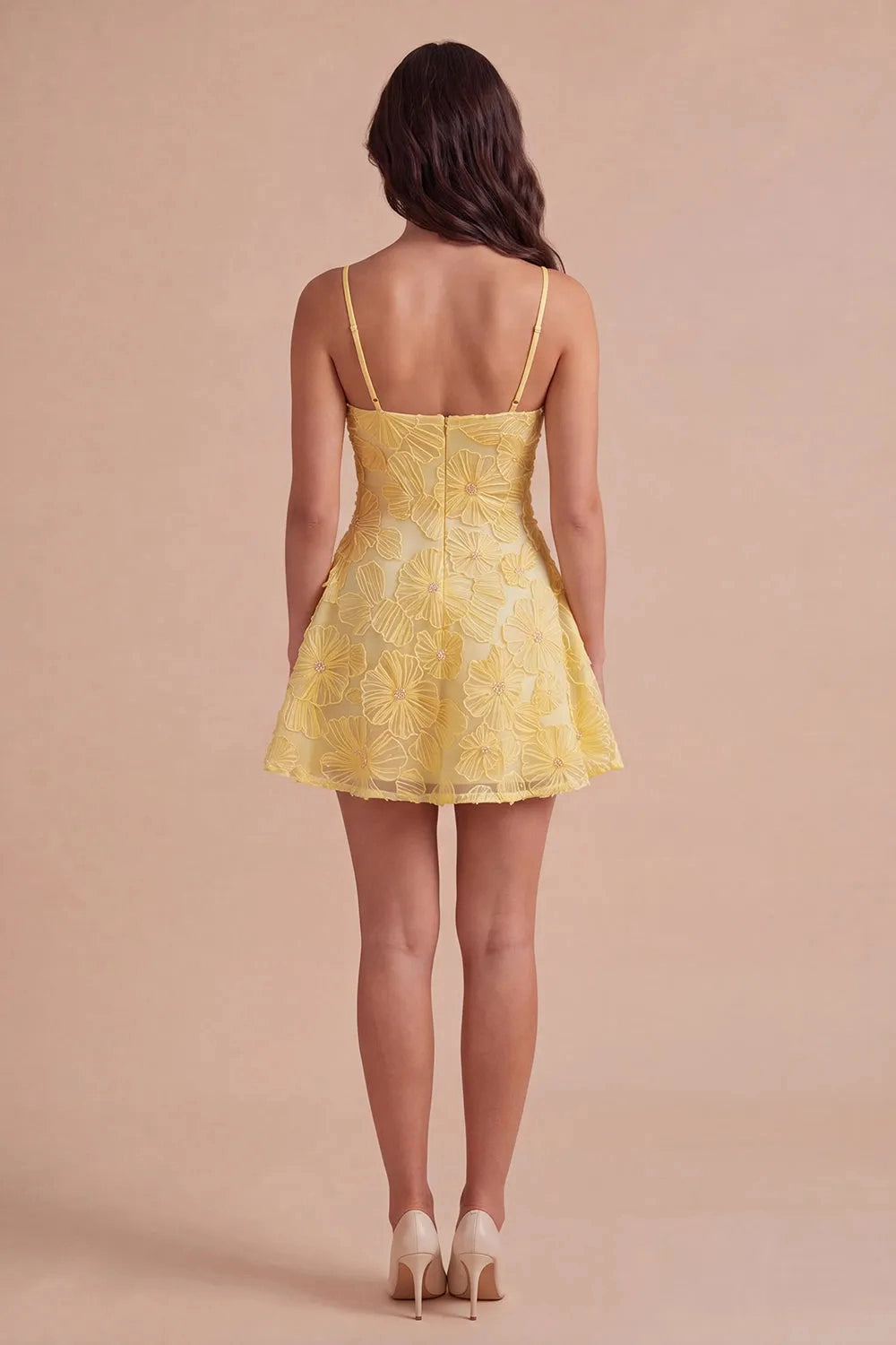 Vedress yellow spaghetti strap homecoming dress, 3D floral fabric, v‑neck low‑back a‑line short cocktail gown