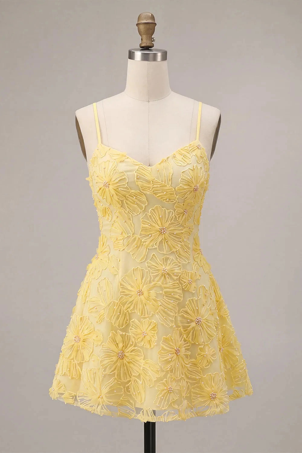 Bright A‑Line V‑Neck Spaghetti‑Strap Low‑Back Short Homecoming Dress