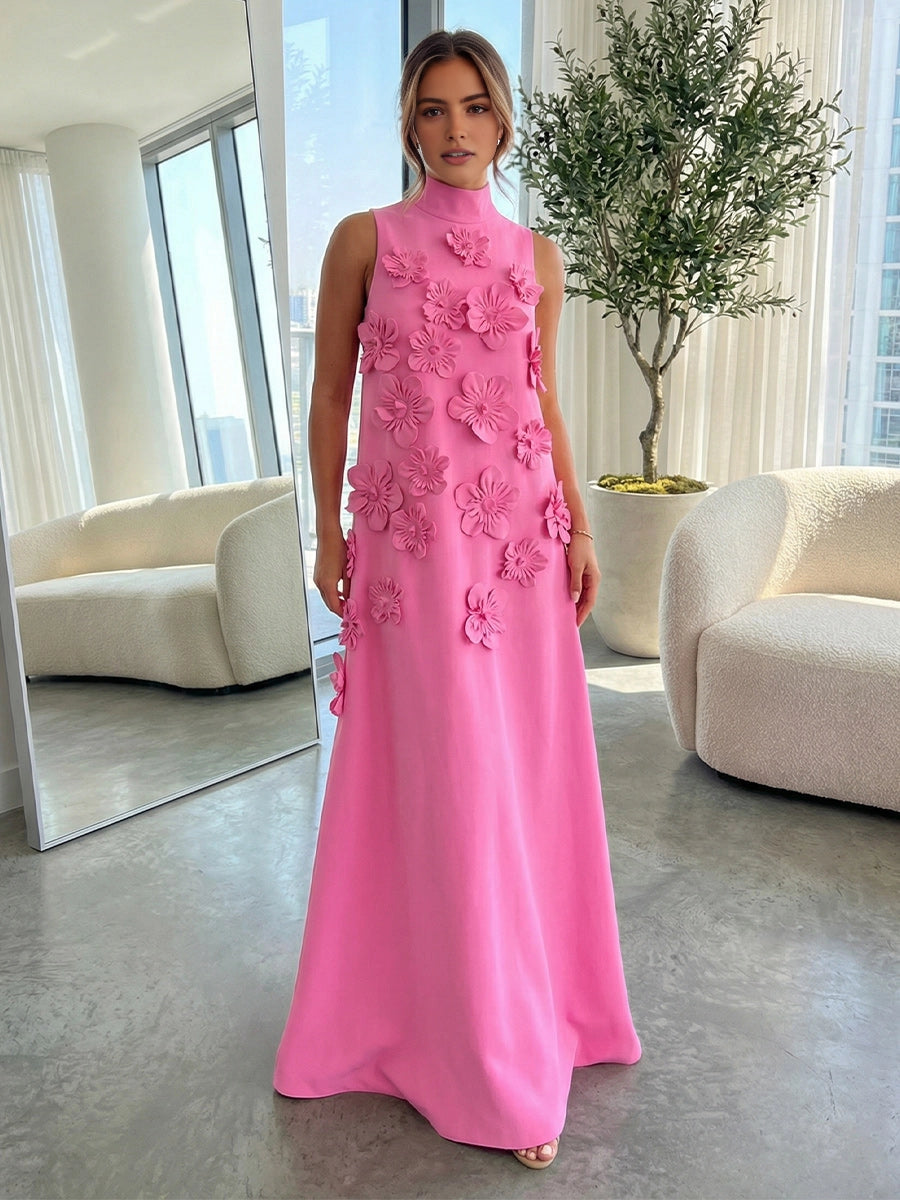 Vedress bright pink 3d floral sleeveless high neck wedding guest dress front view
