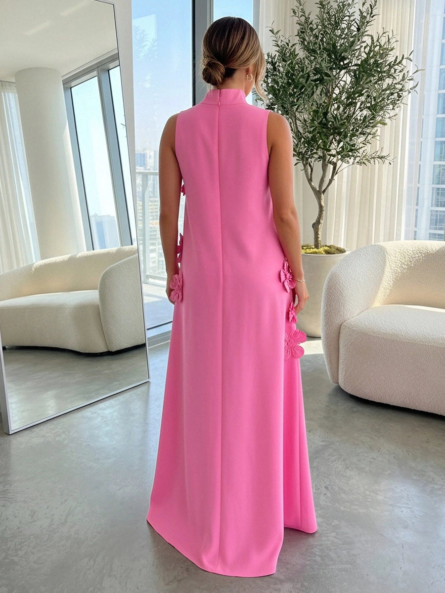 Vedress zipper‑back 3D flower pink a‑line long wedding guest gown rear view
