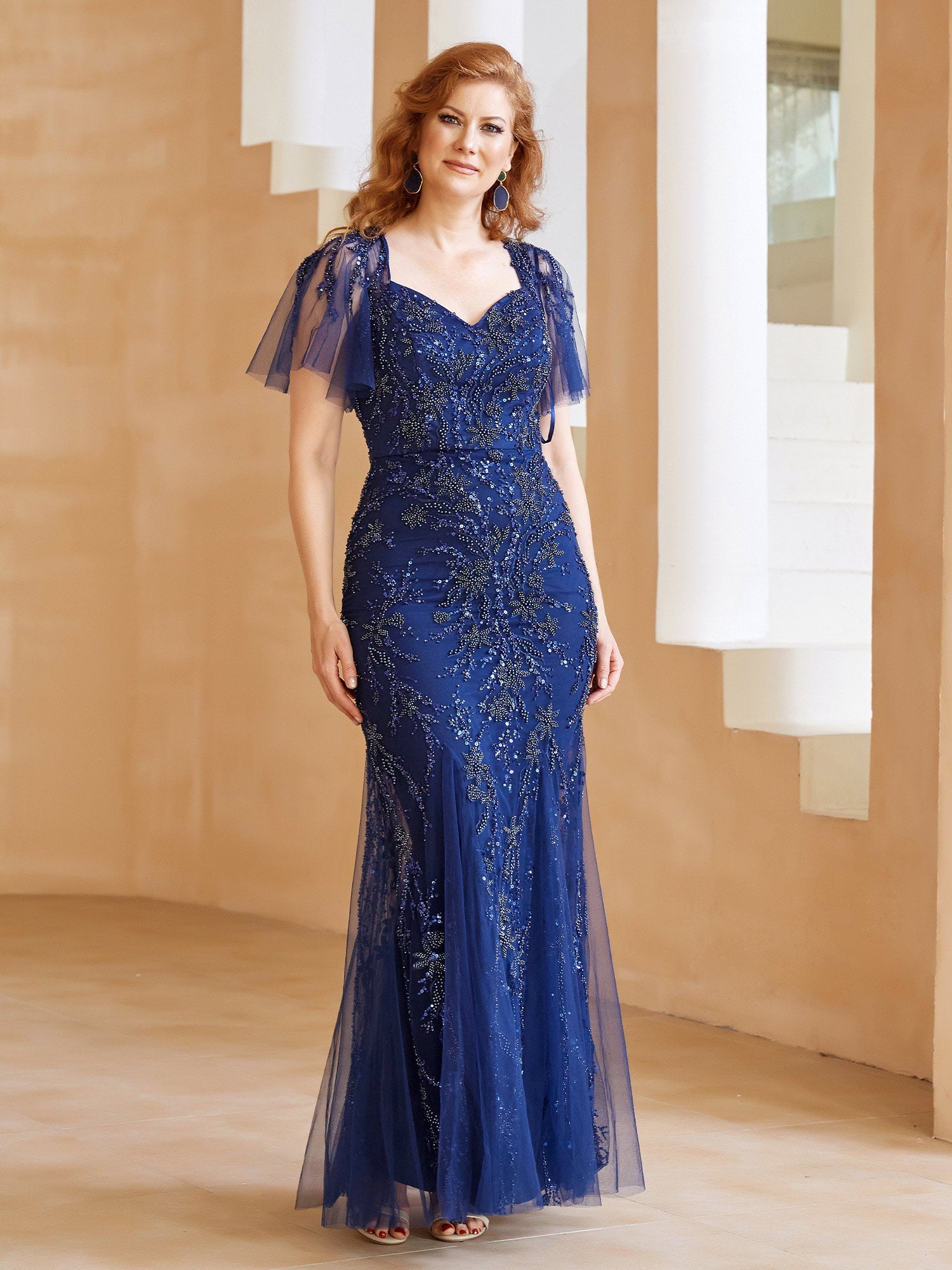 Navy Blue Beaded Tulle Evening Gown Sweetheart Neckline Short Flutter Sleeve Mermaid Maxi Dress for Mother of the Bride and Formal Events