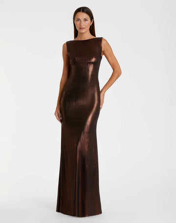 Vedress bronze metallic sheath mother of the bride dress sleeveless bateau neck cowl open back
