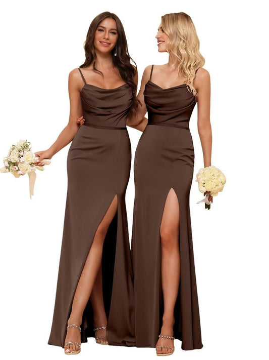 Sheath/Column Spaghetti Straps Sleeveless Satin Floor Length Bridesmaid Dresses Gown with Ruffles Split