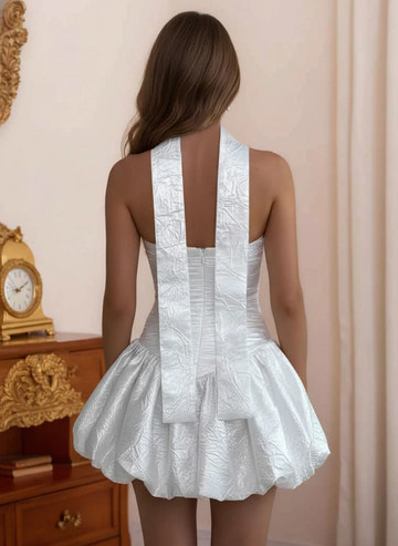 Cute A-line Bubble Hem Strapless Choker Neck Sleeveless Jacquard Mini Homecoming Dress