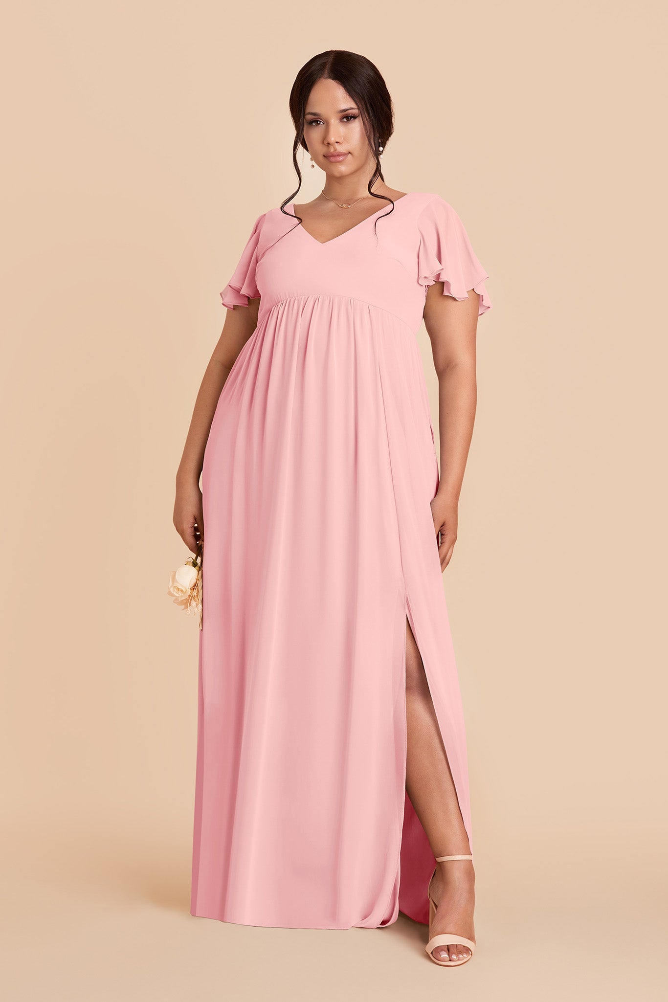 Women's V-Neck Flutter Sleeve Chiffon Bridesmaid Dresses Maxi Dress with Empire Waist & Side Slit Formal Evening Gown