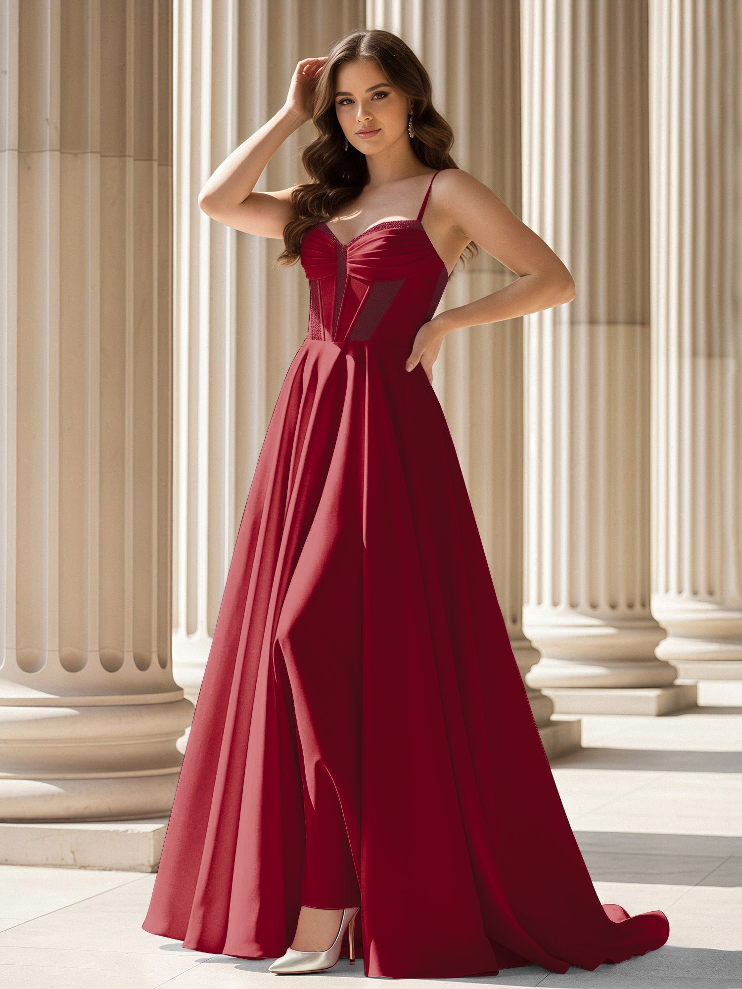 Spaghetti Strap Burgundy Satin A-Line Evening Gown with Corset Bodice Formal Prom Wedding Party Dress