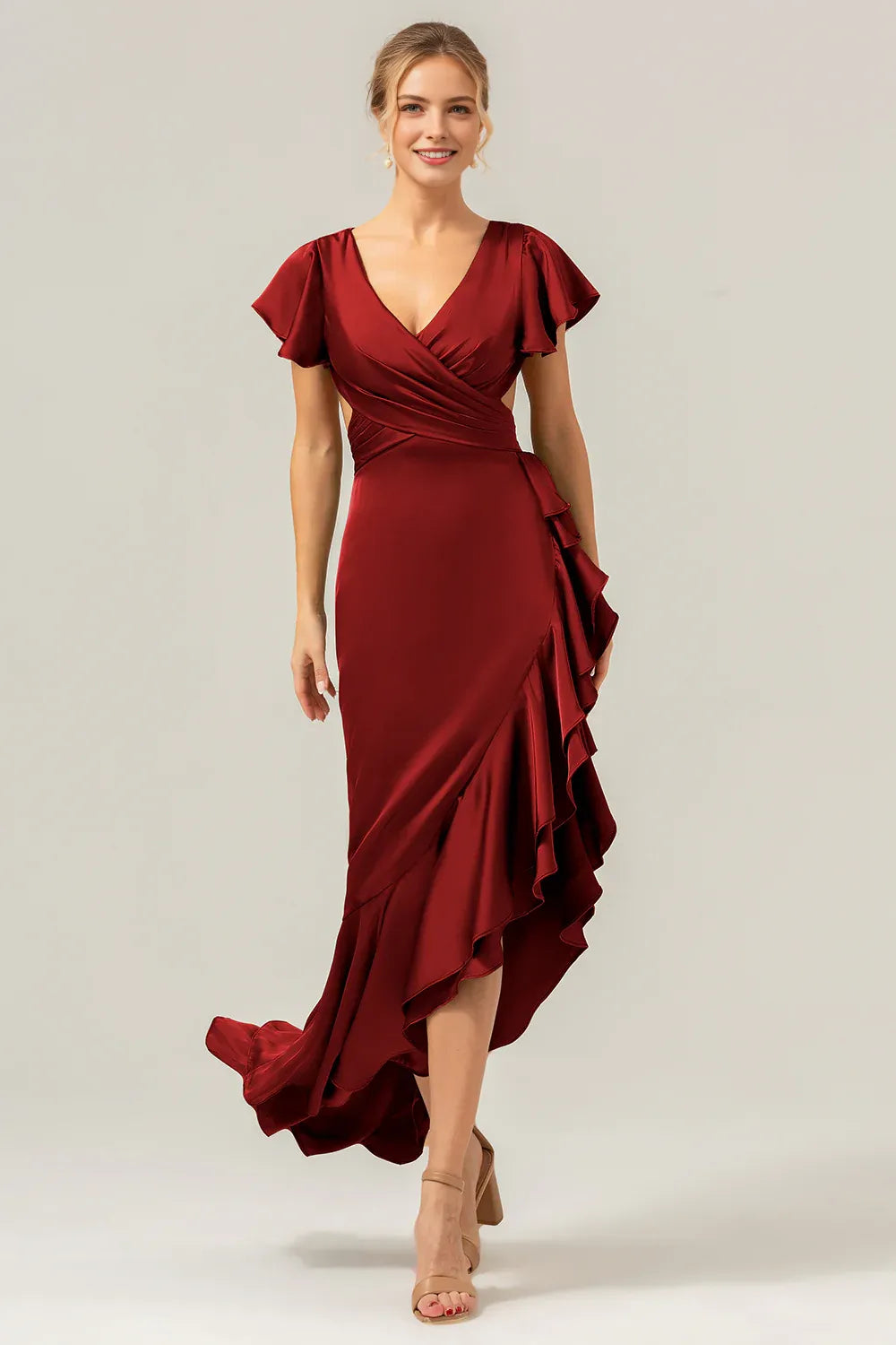 Refined Sheath V-Neck Flutter Sleeve Satin Side-Cutout Ruffle High-Low Formal Wedding Guest Dress