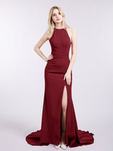 Satin Off-the-Shoulder Formal Gown High Slit Mermaid Maxi Dress with Sweep Train for Wedding Prom Evening Events