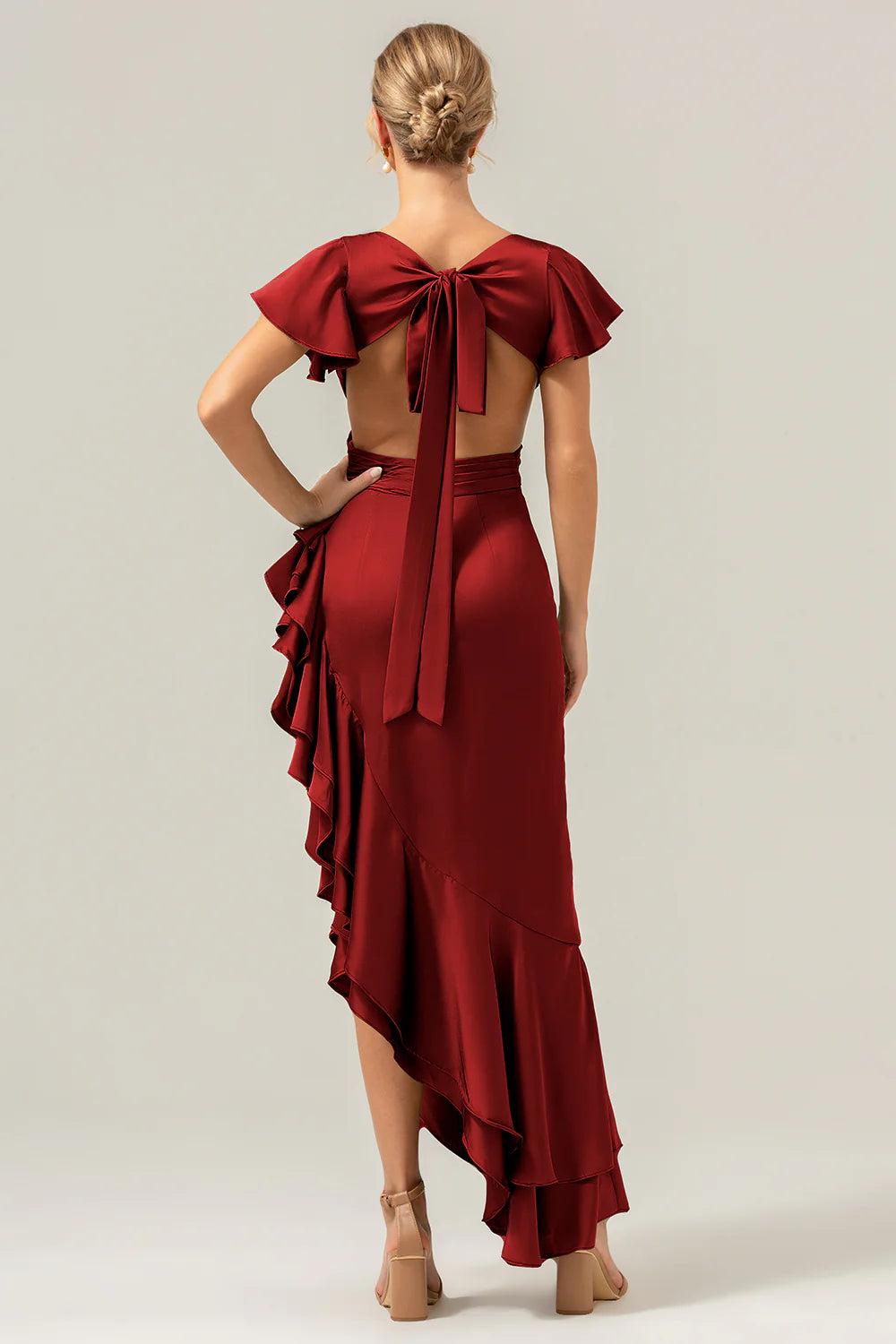 Refined Sheath V-Neck Flutter Sleeve Satin Side-Cutout Ruffle High-Low Formal Wedding Guest Dress