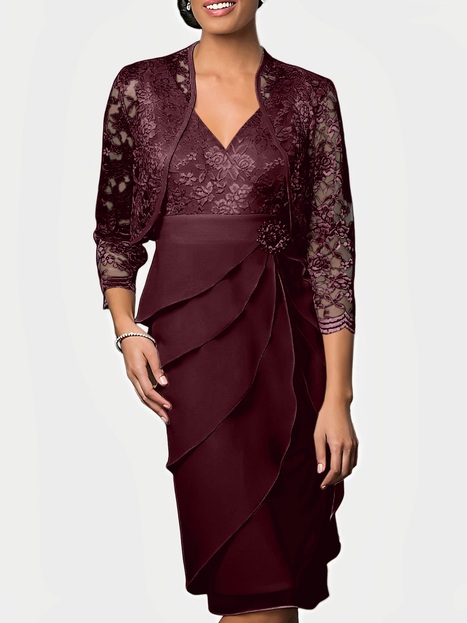 Women's Elegant Two-Piece Lace & Ruffle Formal Dress Set with Jacket Mother of the Bride Dress