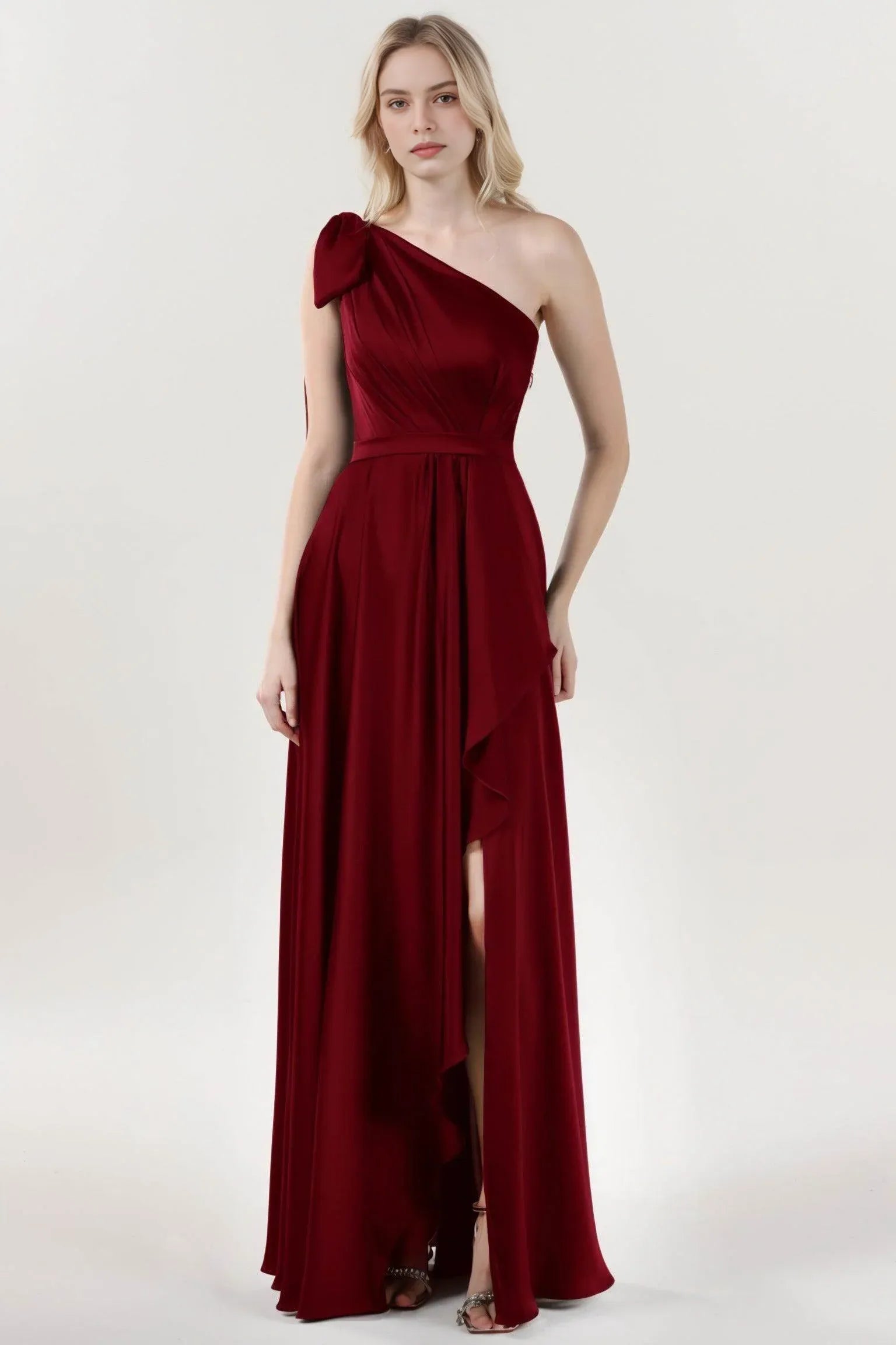Polished A-Line One-Shoulder Satin Bow-Sash Evening Gown Formal Wedding Guest Dress
