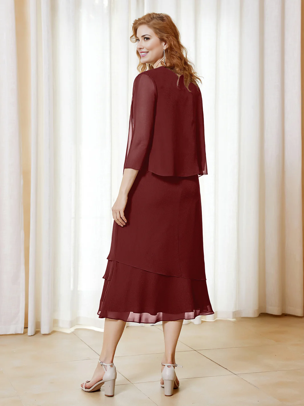 Chiffon Midi Dress with 3/4 Sleeve - Two-Piece Set for Mother of the Bride/Groom