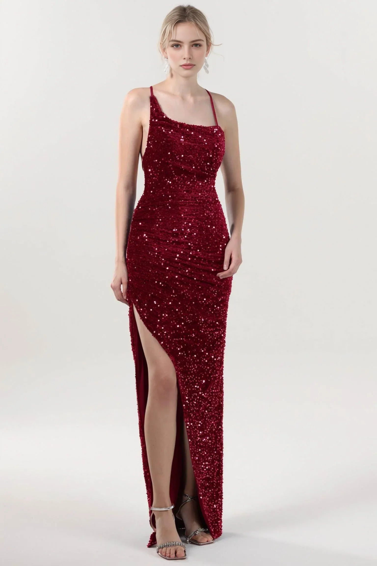 Sleek Sheath Cowl Neck Sleeveless Velvet Sequin Ruched Slit Evening Dress