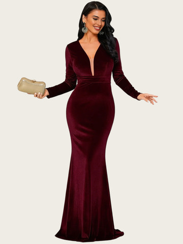 Women's Long Sleeve V-Neck Velvet Green Evening Dress Mermaid Party Wedding Guest Dresses