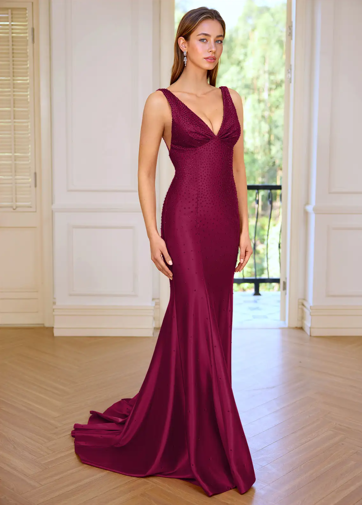 Vestido de fiesta de sirena con escote en V profundo, elegante vestido de sirena sin mangas con escote en V y bordado de lentejuelas en toda la prenda.