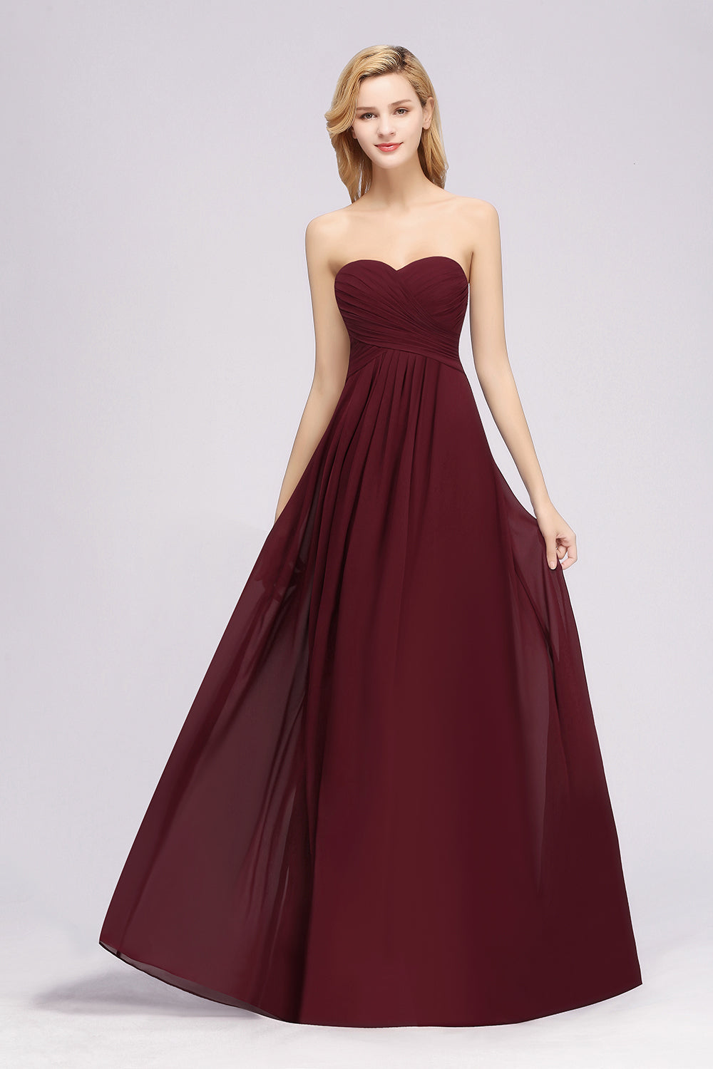 A Line Classic Sweetheart Strapless Ruffles Floor Length Chiffon Bridesmaid Dress Evening Gown