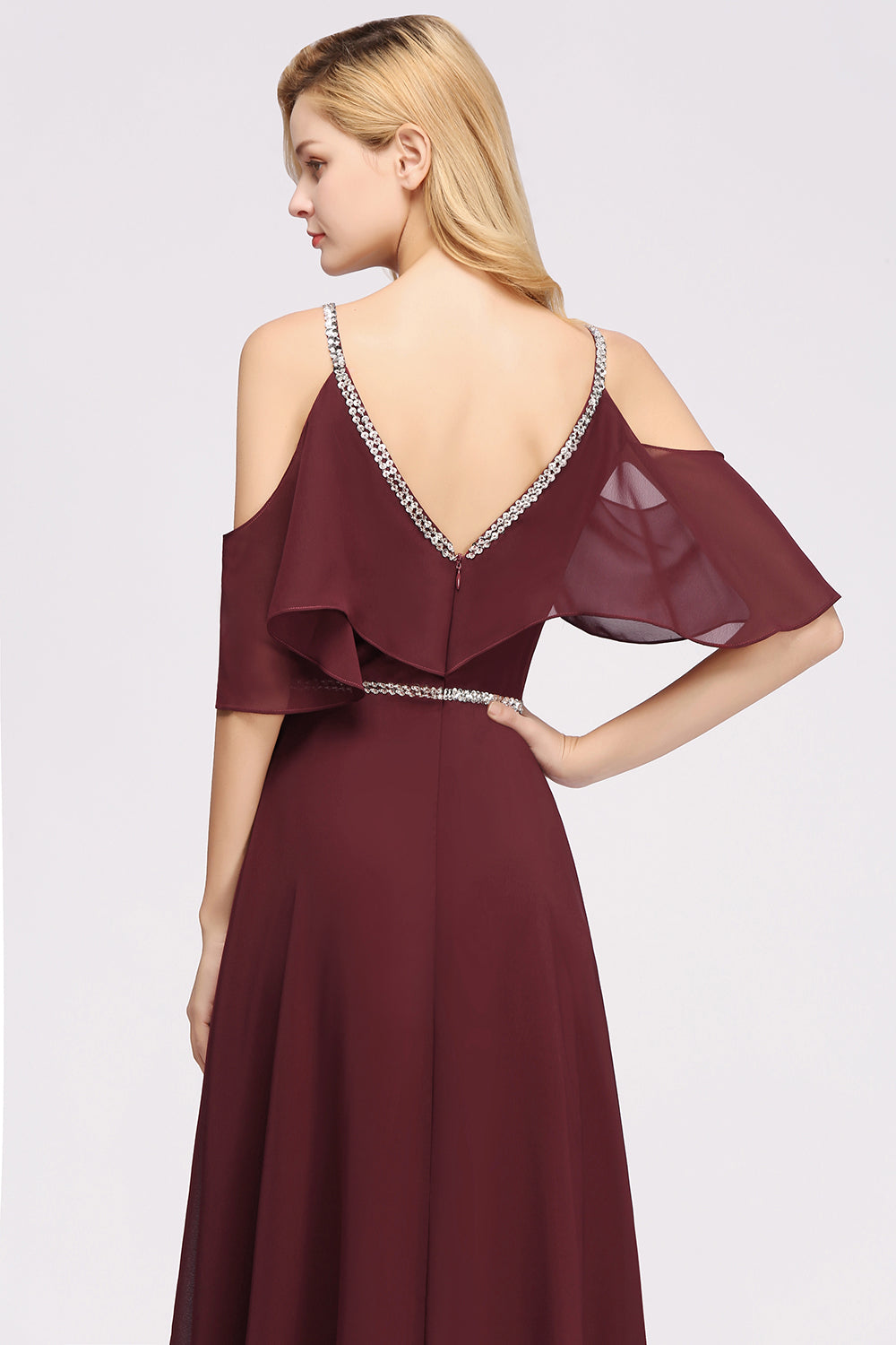 Elegant A-line V-Neck Chiffon Spaghetti Straps Sleeveless Floor-Length Bridesmaid Dresses with Beading Sash