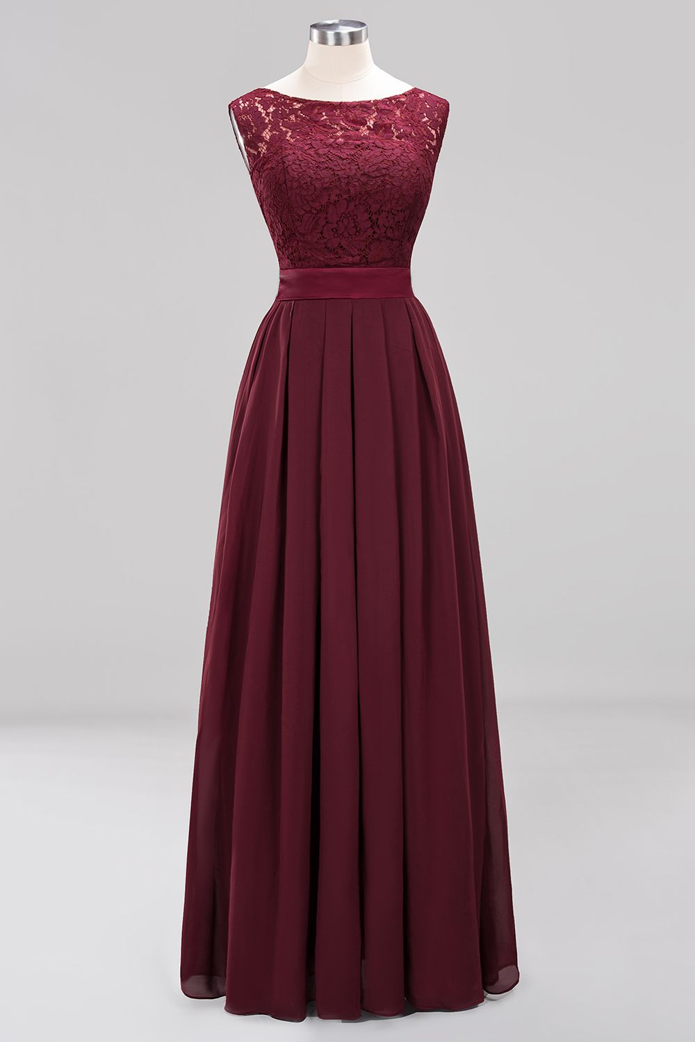 Simple Long A Line Scoop Sleeveless Lace Appliques Scoop Neck Chiffon Floor length Bridesmaid Dresses