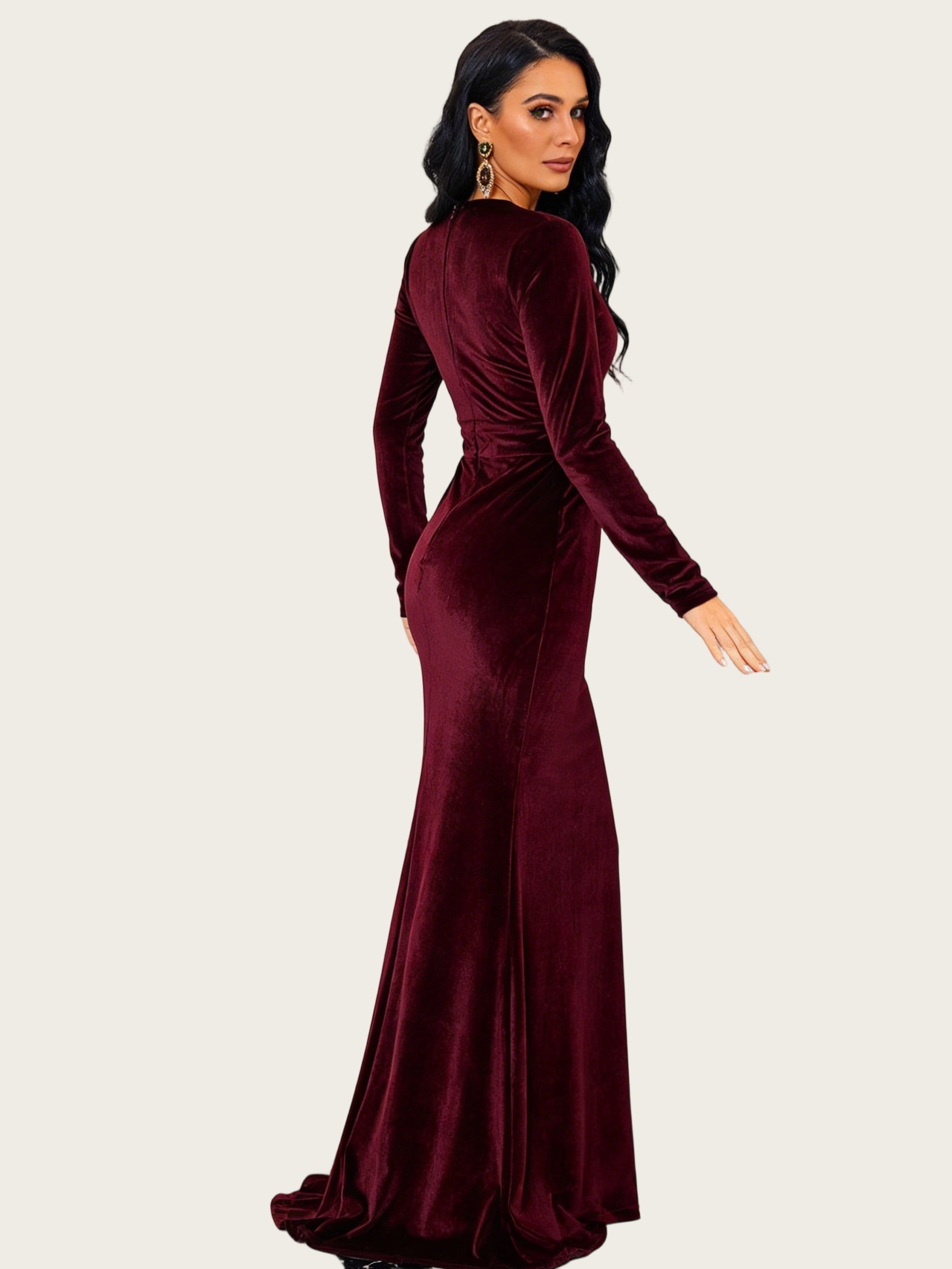 Women's Long Sleeve V-Neck Velvet Green Evening Dress Mermaid Party Wedding Guest Dresses
