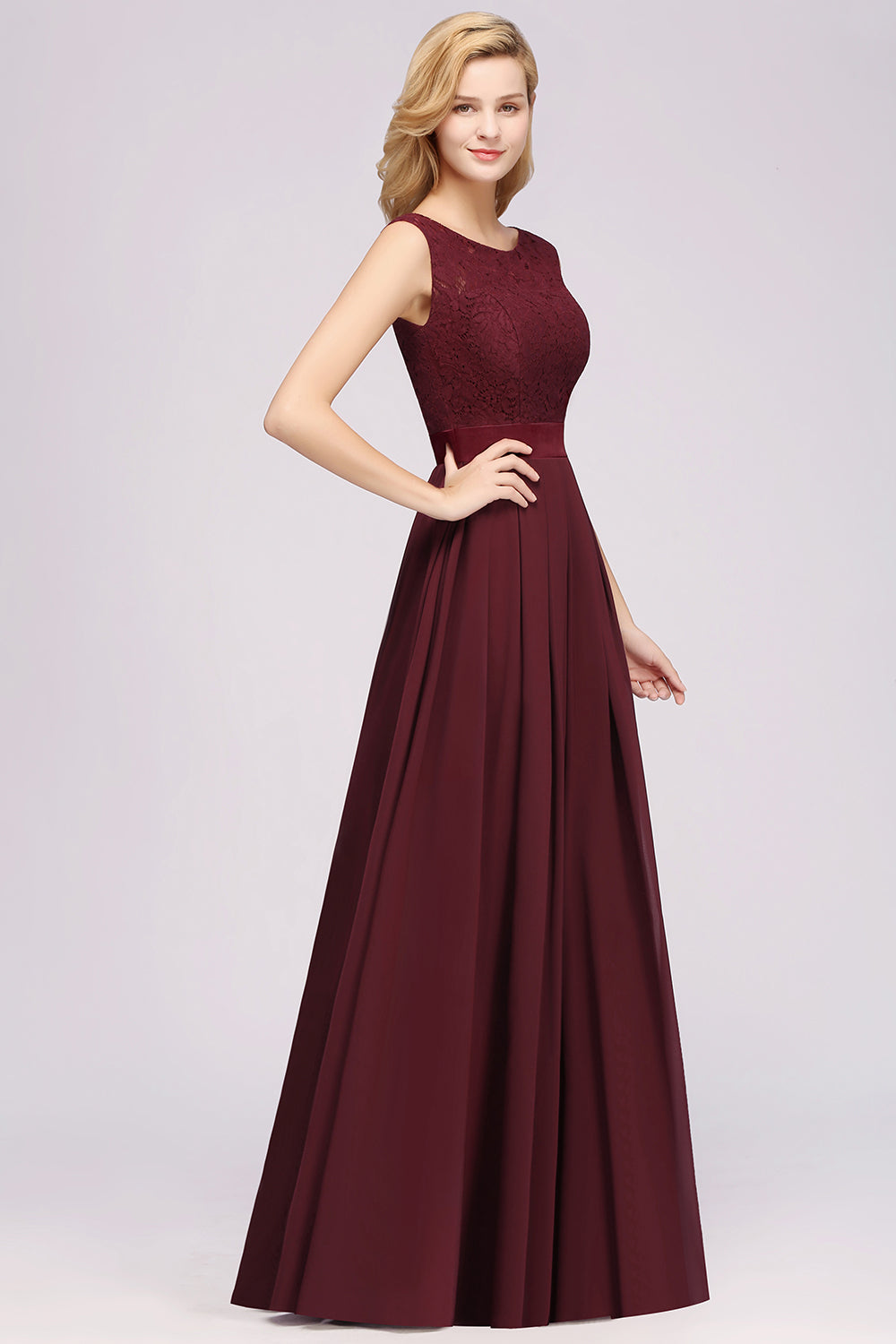Simple Long A Line Scoop Sleeveless Lace Appliques Scoop Neck Chiffon Floor length Bridesmaid Dresses