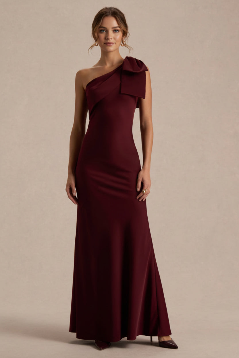 Trumpet/Mermaid One-Shoulder Satin Crepe Wedding Guest Dresses Bowknot Ankle-Length Sleeveless Bridesmaid Dress