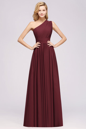 A-Line Burgundy One Shoulder Sleeveless Ruffles Chiffon Floor-Length Bridesmaid Dresses With Ruched Gown
