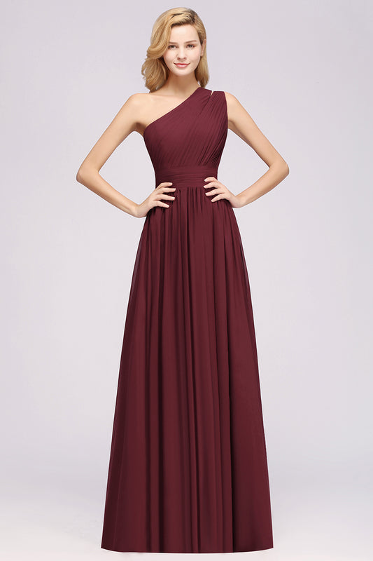 A-Line Burgundy One Shoulder Sleeveless Ruffles Chiffon Floor-Length Bridesmaid Dresses With Ruched Gown