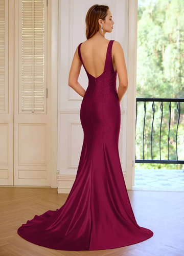 Vestido de fiesta de sirena con escote en V profundo, elegante vestido de sirena sin mangas con escote en V y bordado de lentejuelas en toda la prenda.