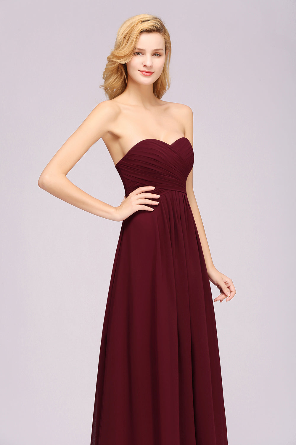 A Line Classic Sweetheart Strapless Ruffles Floor Length Chiffon Bridesmaid Dress Evening Gown