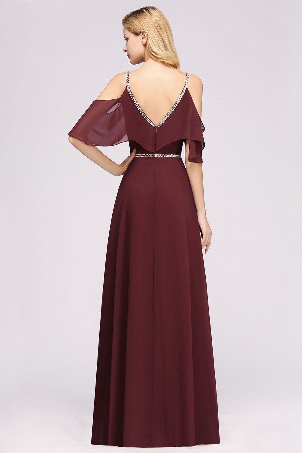 Elegant A-line V-Neck Chiffon Spaghetti Straps Sleeveless Floor-Length Bridesmaid Dresses with Beading Sash