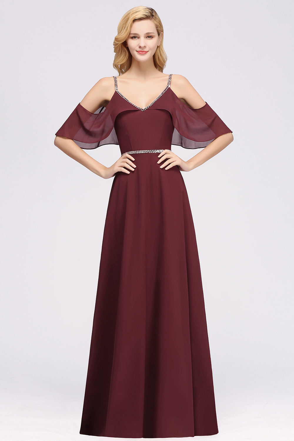 Elegant A-line V-Neck Chiffon Spaghetti Straps Sleeveless Floor-Length Bridesmaid Dresses with Beading Sash