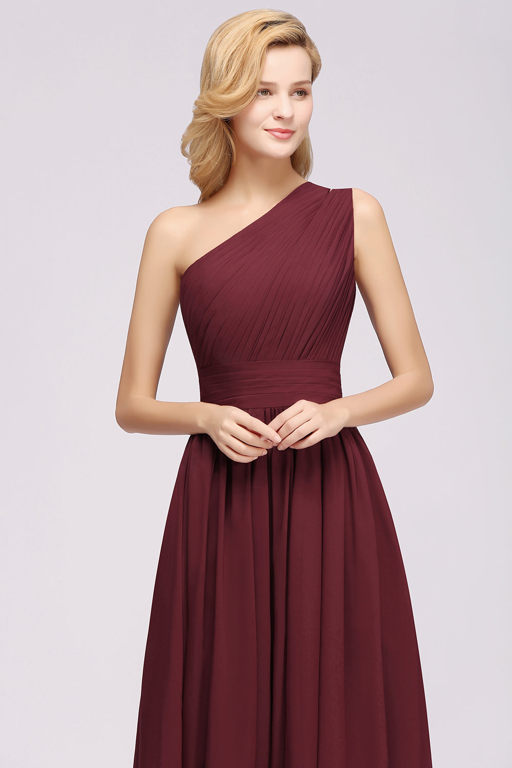 A-Line Burgundy One Shoulder Sleeveless Ruffles Chiffon Floor-Length Bridesmaid Dresses With Ruched Gown