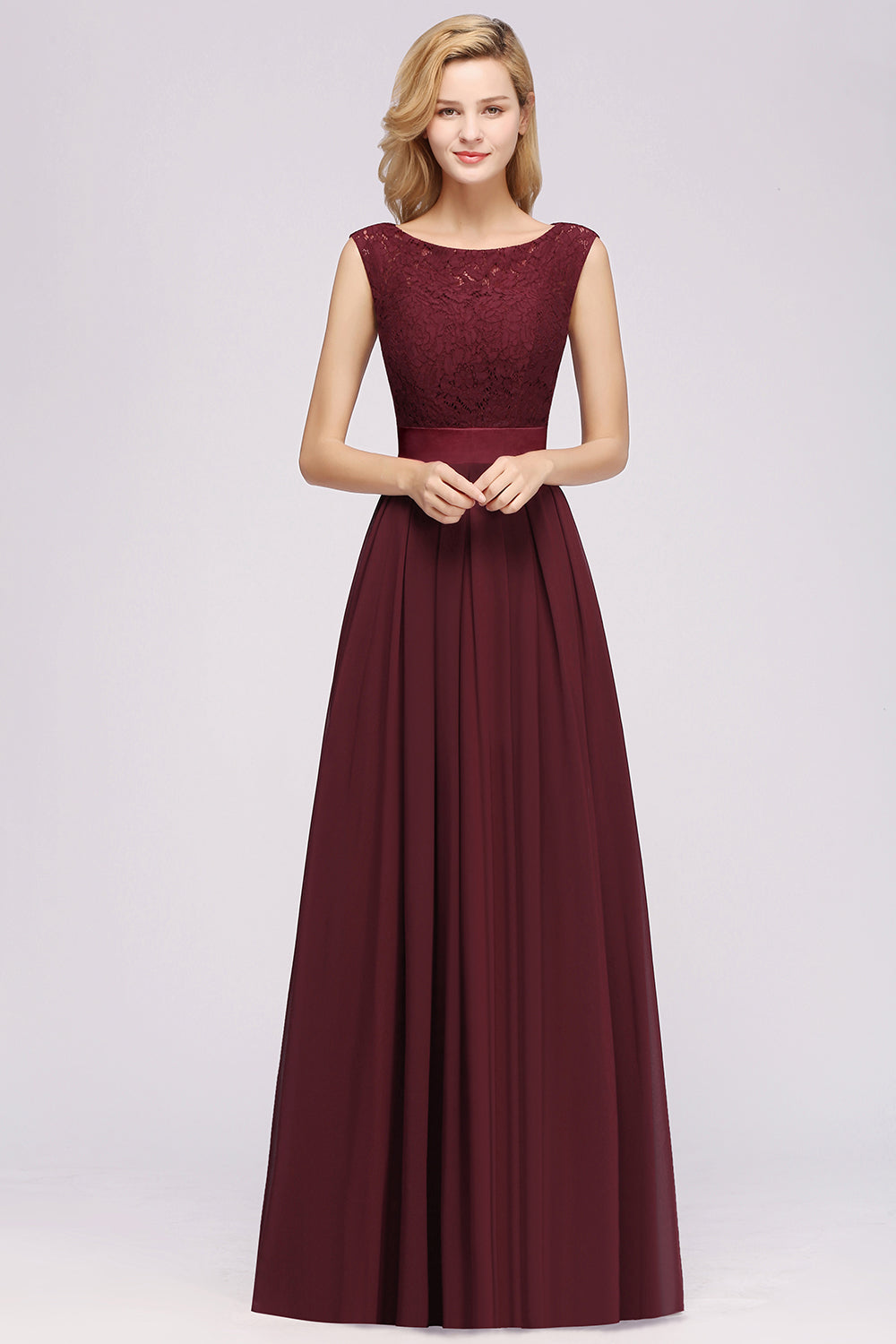 Simple Long A Line Scoop Sleeveless Lace Appliques Scoop Neck Chiffon Floor length Bridesmaid Dresses