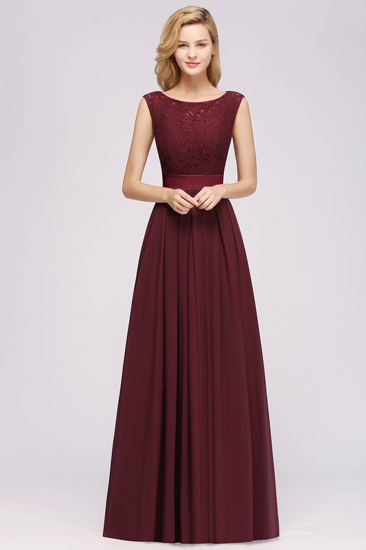 Simple Long A Line Scoop Sleeveless Lace Appliques Scoop Neck Chiffon Floor length Bridesmaid Dresses