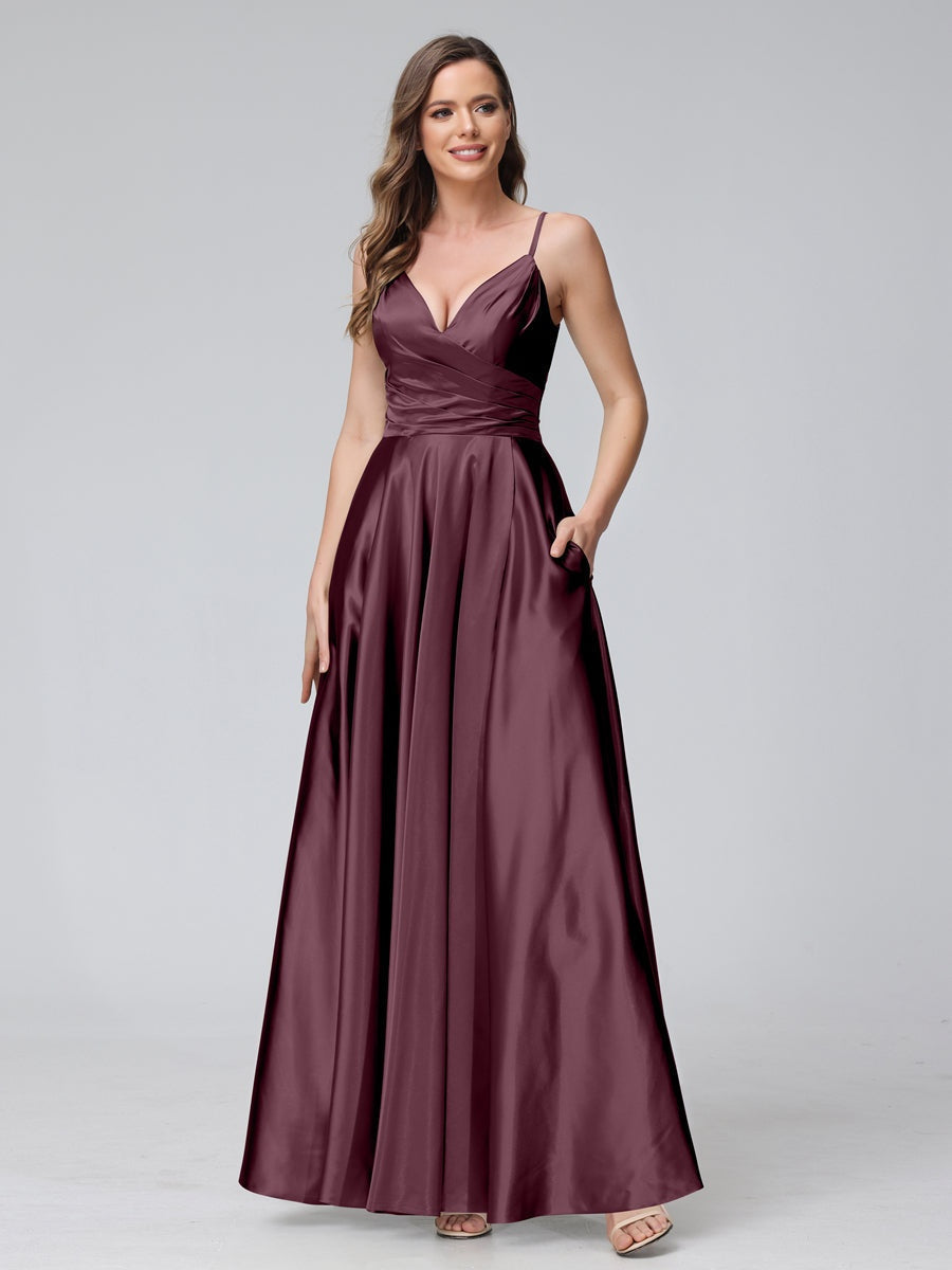 Vestidos de fiesta/damas de honor formales de seda satinada, corte A/Princesa, cuello en V, sin mangas, hasta el tobillo, con bolsillos y abertura lateral