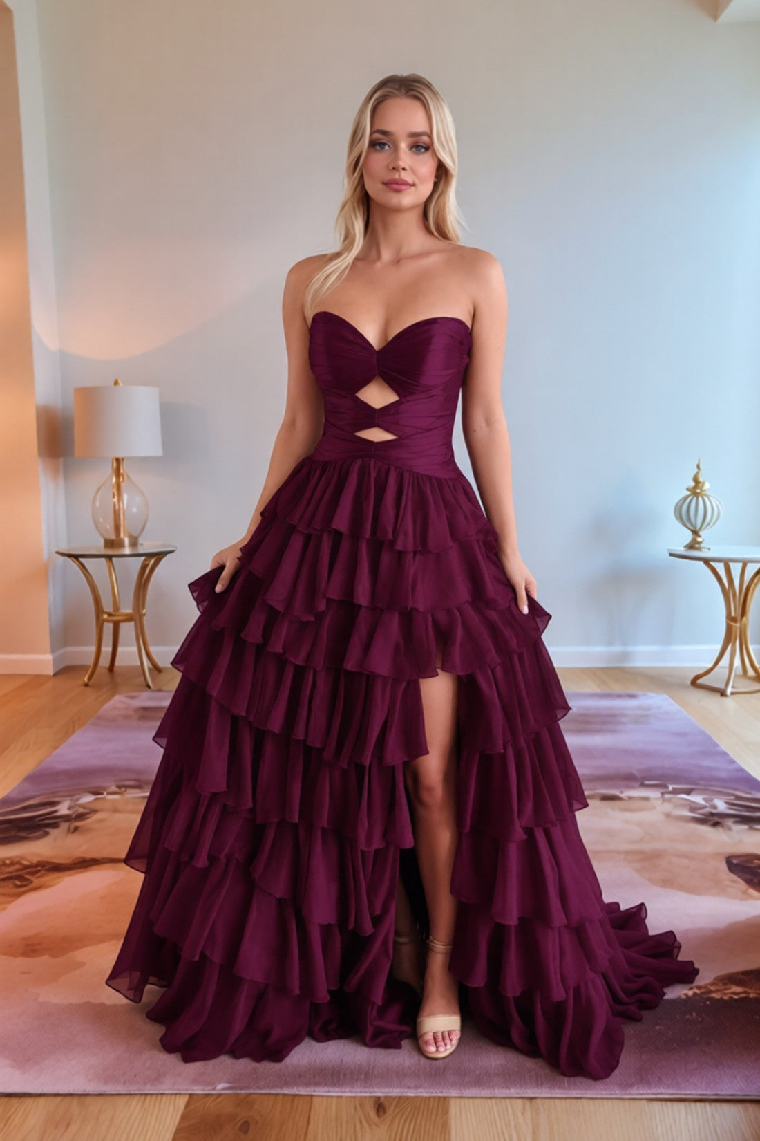 Vestido de fiesta largo sin tirantes escote corazón con abertura escalonada y corte en A de gasa con abertura alta formal para noche
