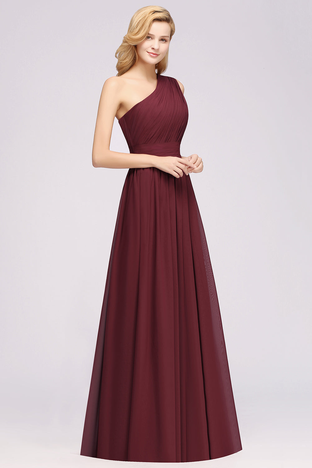 A-Line Burgundy One Shoulder Sleeveless Ruffles Chiffon Floor-Length Bridesmaid Dresses With Ruched Gown