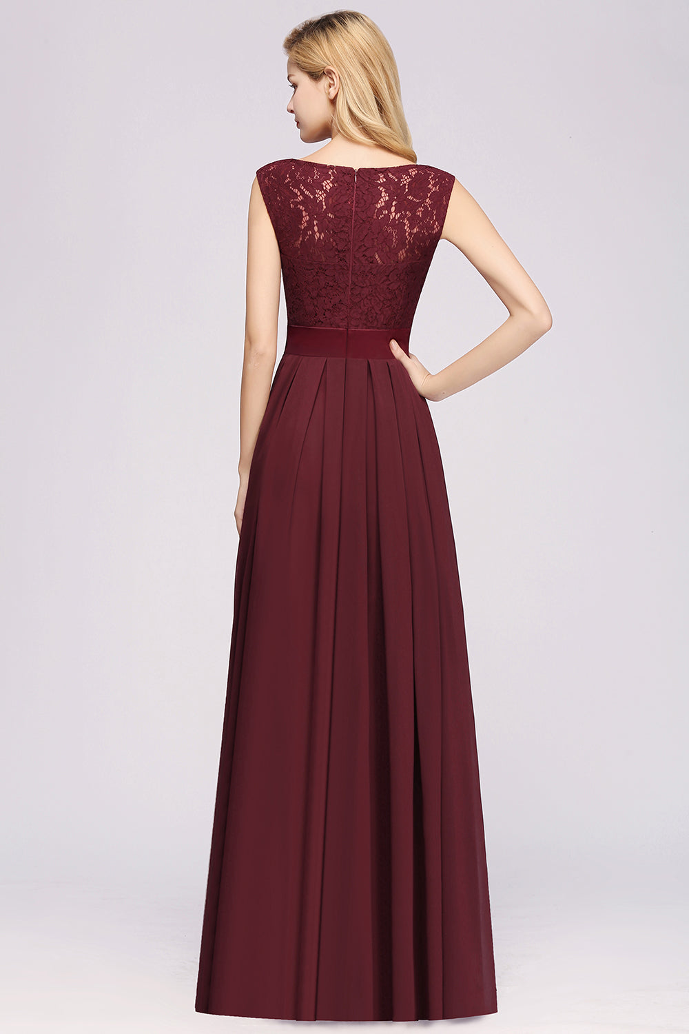 Simple Long A Line Scoop Sleeveless Lace Appliques Scoop Neck Chiffon Floor length Bridesmaid Dresses