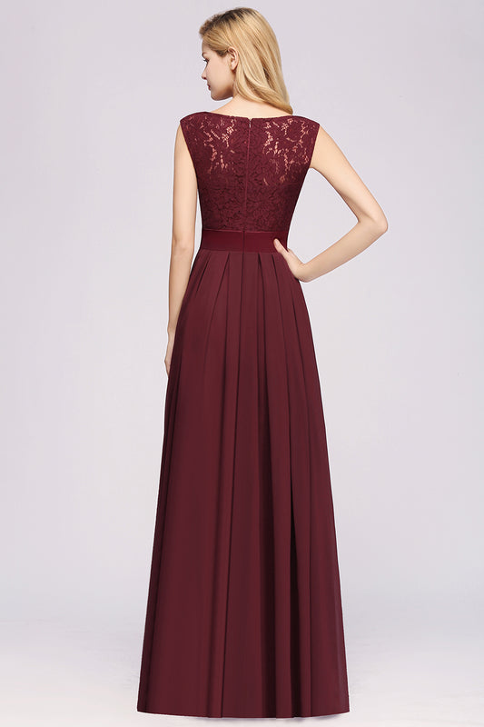 Simple Long A Line Scoop Sleeveless Lace Appliques Scoop Neck Chiffon Floor length Bridesmaid Dresses
