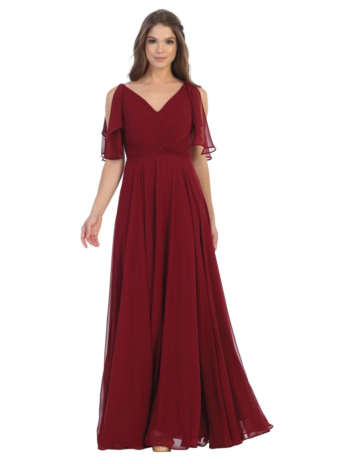 Women's V-Neck Chiffon Flutter Sleeve Ruffle Maxi Dress Long Formal Bridesmaids Dress
