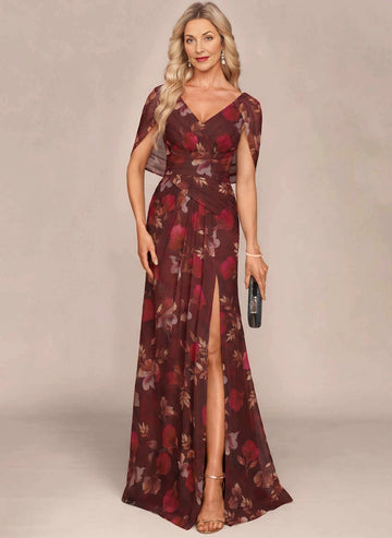 Burgundy Floral Mermaid V‑Neck Cape Sleeve Cowl Back Long Mother Of The Bride Dress Vedress