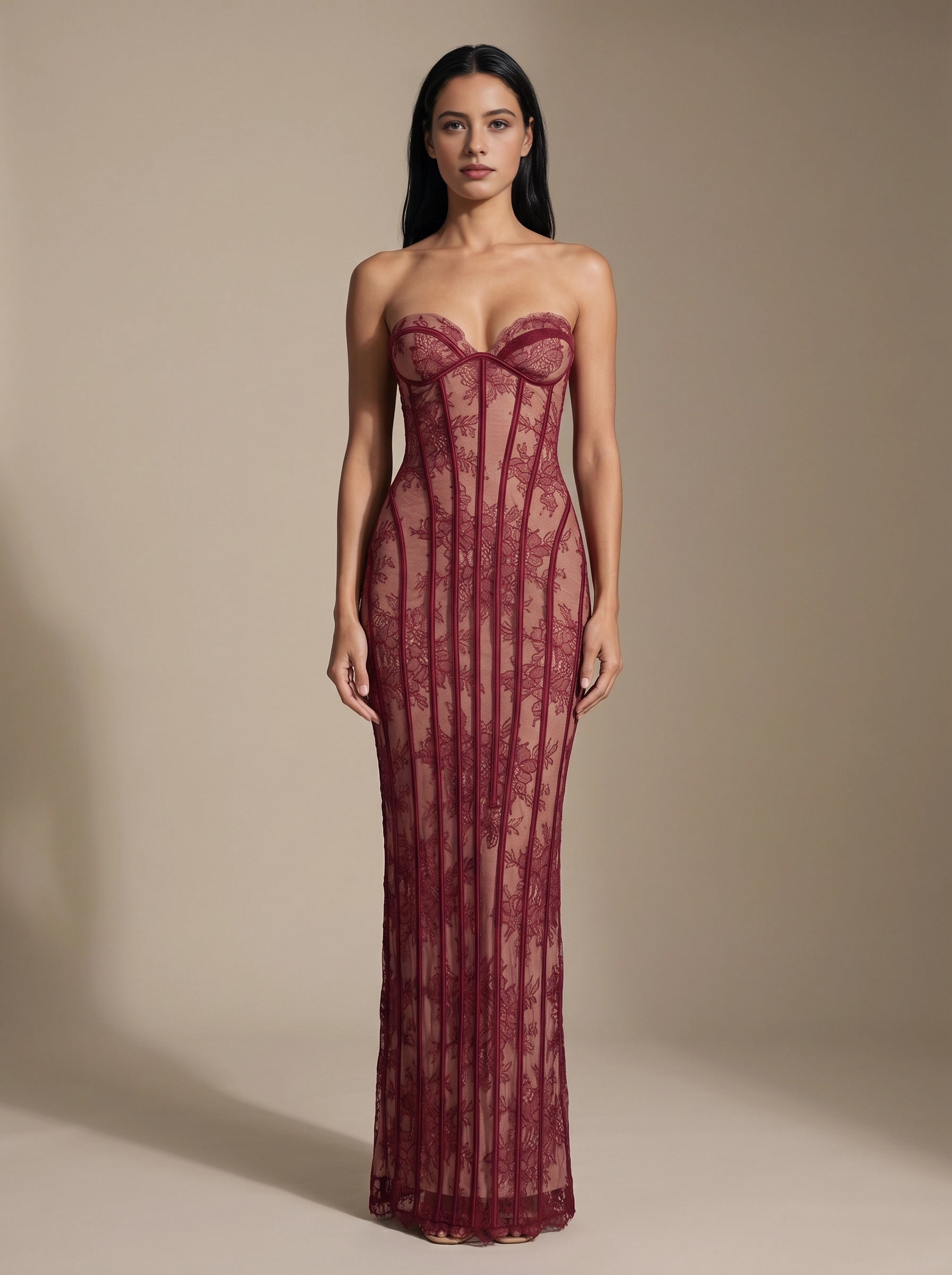 Vedress burgundy prom dress,front view strapless sweetheart neckline,sheer floral lace with boning details,mermaid floor‑length silhouette,plain neutral studio background