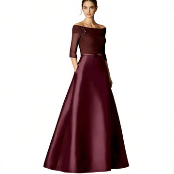 Elegant Off-the-Shoulder Satin A-Line Evening Gown with 3/4 Sheer Sleeves – Formal Dress for Mother of the Bride, Galas & Black-Tie Events