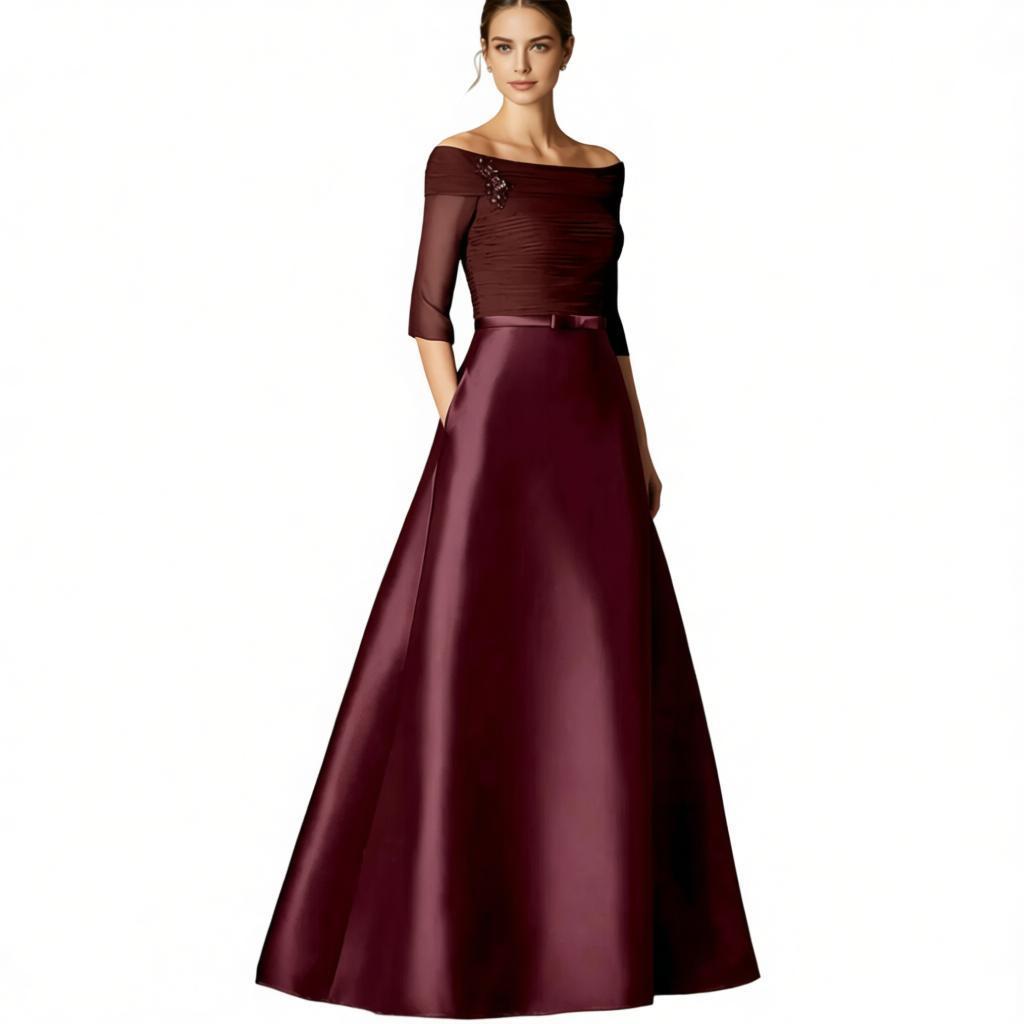Elegant Off-the-Shoulder Satin A-Line Evening Gown with 3/4 Sheer Sleeves – Formal Dress for Mother of the Bride, Galas & Black-Tie Events