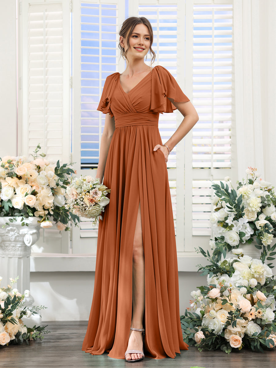 A-Line Chiffon V-Neck Short Sleeves Wedding Guest Bridesmaid Dresses with Split Side & Pockets