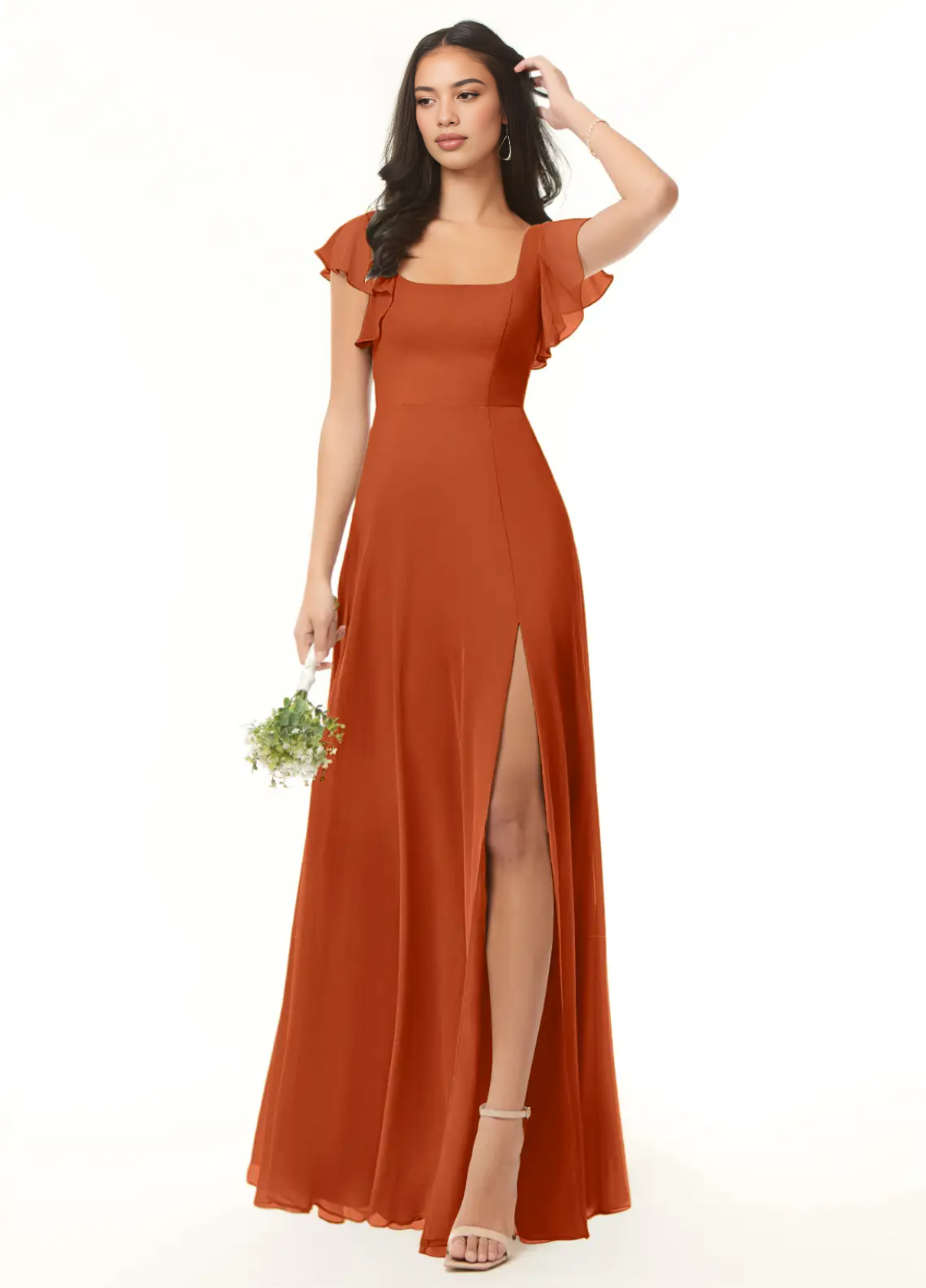 Elegant Square Neck Flutter Sleeve Maxi Dress with High Side Slit A-Line Formal Gown Bridesmaid Dresses